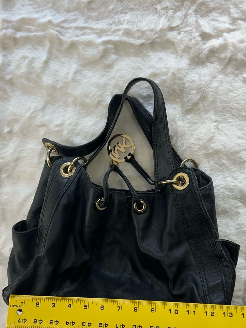 Michael Kors Black Leather Drawstring Shoulder Hobo with Gold Hardware